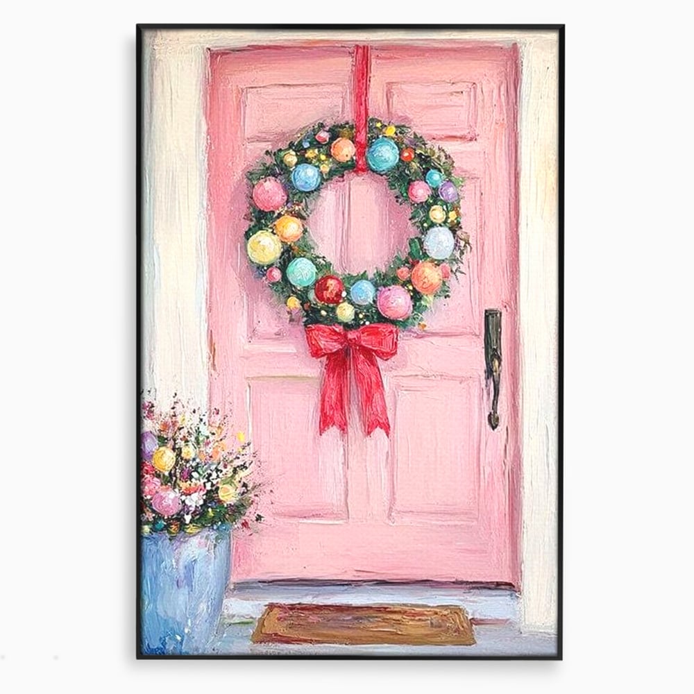 Tablou canvas cu pictura cu usa roz si coronita de craciun, in rama de aluminiu negru